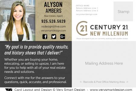Century 21 Real Estate Postcard Back 1A - Design Image via Very Smart Design.This Century 21 postcard template features a new C21 gold contact area with headshot and house backdrop, along with a section...