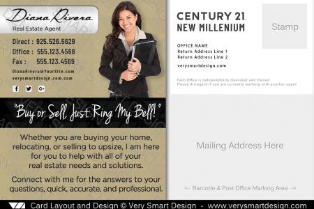 Gold Century 21 Real Estate Postcard Back 2A - Design Image via Very Smart Design.This Century 21 postcard template features a new C21 gold contact area with cursive name, C21 font, headshot with background ...
