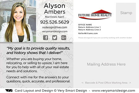 Future Home Realty Real Estate Postcard Back 1A - Design Image via Very Smart Design.This Future Home Realty postcard template features new FHR font with light gray contact area, headshot and house backdrop, al...