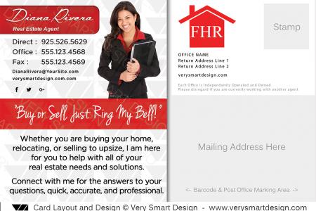 Future Home Realty Real Estate Postcard Back 2C - Design Image via Very Smart Design.This Future Home Realty postcard template features a contact area with cursive name, a new FHR logo, headshot with background...