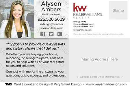 Keller Williams Real Estate Postcard Back 1A - Design Image via Very Smart Design.This Keller Williams postcard template features a contact area with headshot and house backdrop, along with a section on the ...