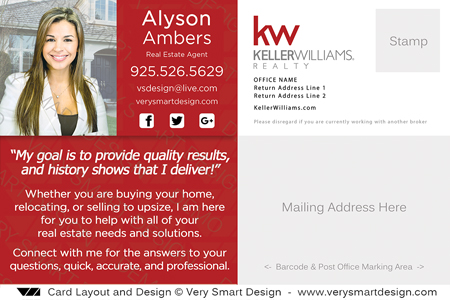 New Keller Williams Real Estate Postcard Back 1B - Design Image via Very Smart Design.This Keller Williams postcard template features a KW Red contact area with headshot and house backdrop, along with a section ...