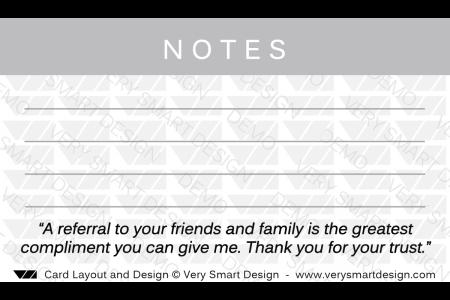 Business Card Back Design 13 with Notes for Real Estate Marketing - Design Image via Very Smart Design.This business card design with notes features reserved area for handwritten messages to clients in any field. Prints on smudg...