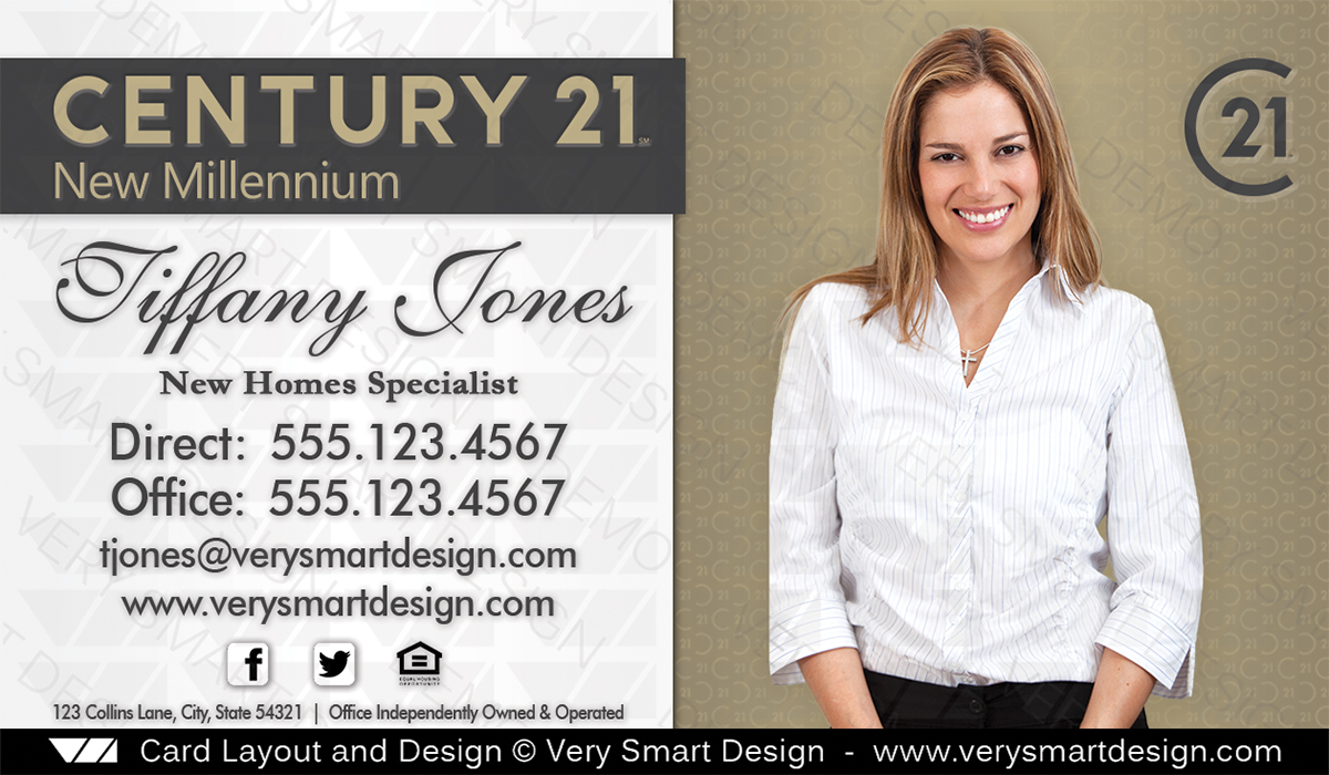 White and Gold Custom Century 21 New Logo Business Card Designs for C21 2D