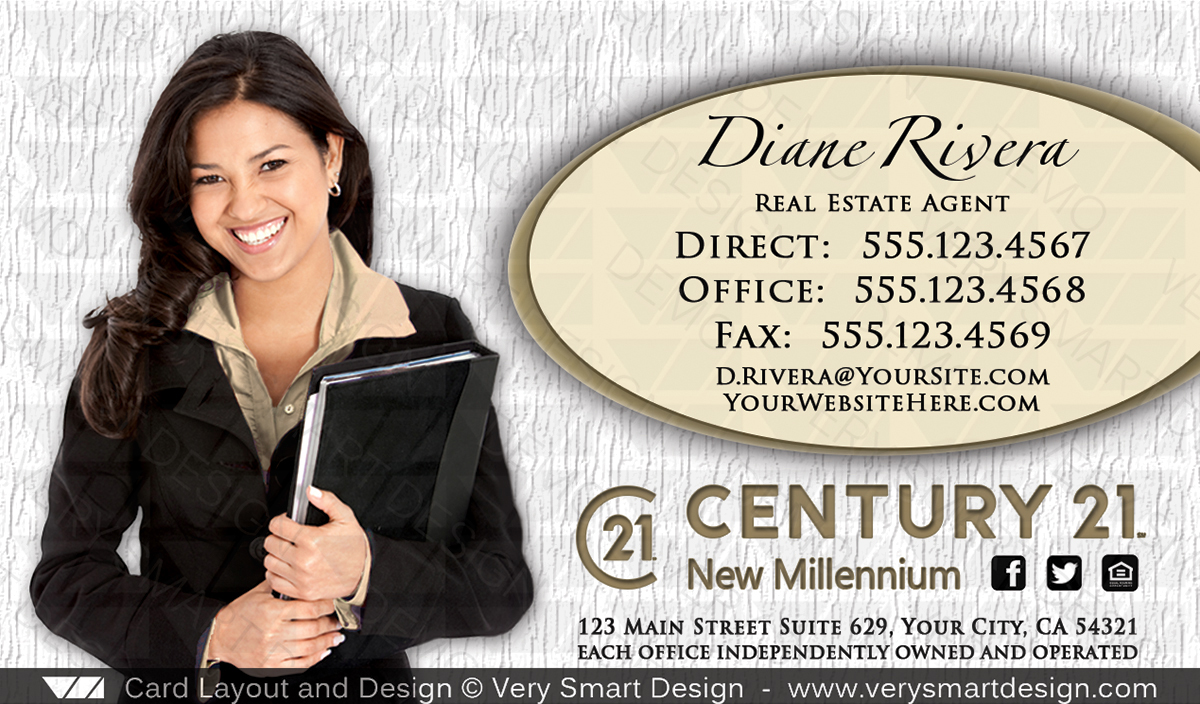 White and Gold Century 21 Real Estate Business Card Design with New C21 Logo 12D